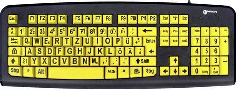 schwarze Tastatur mit schwarz auf gelb bedruckten Tasten